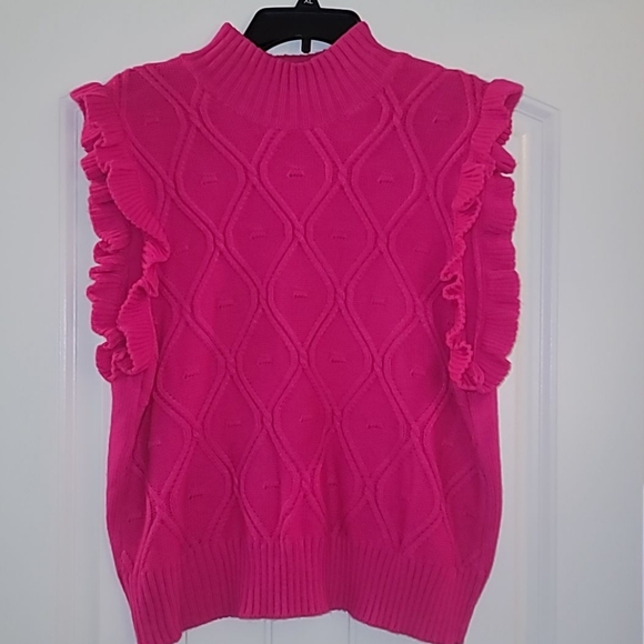 Solid Color Ruffled Hem Rhombus Knitted Vest Sweat / Hot Pink 8/10(L) - Picture 2 of 3